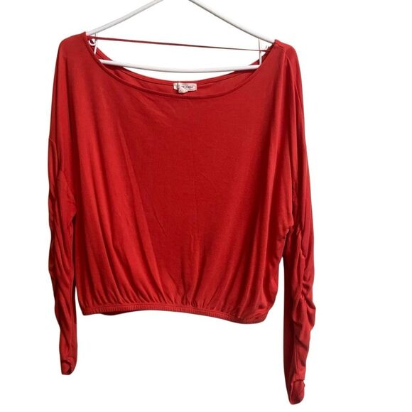 623. Silence + Noise Medium UO Orange off shoulder Ruched Long Sleeve Ribbed sem - Picture 1 of 5